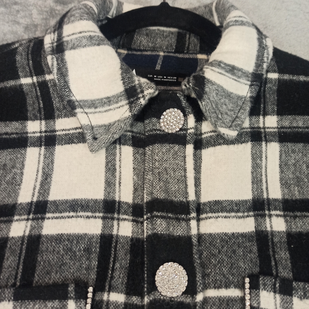 zara womens black and white check shirt with diamons buttons and trim Medium - Picture 6 of 15